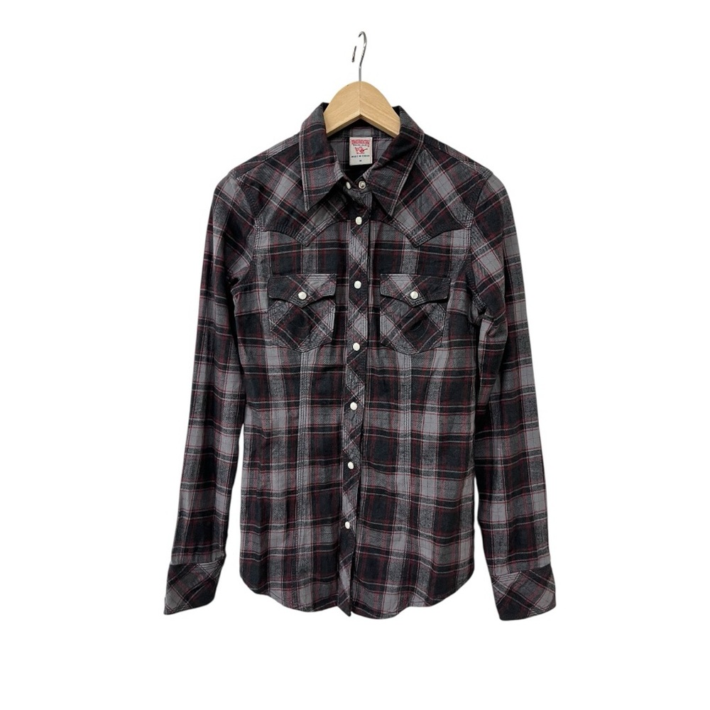 True Religion Womens Button Down Western Plaid Grey Red Black Pearl Snap Shirt M